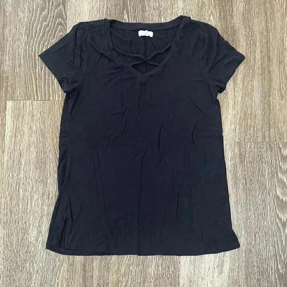 Womens Cupio Basic Black Short Sleeve Tee with Cross Front - S - Picture 1 of 5